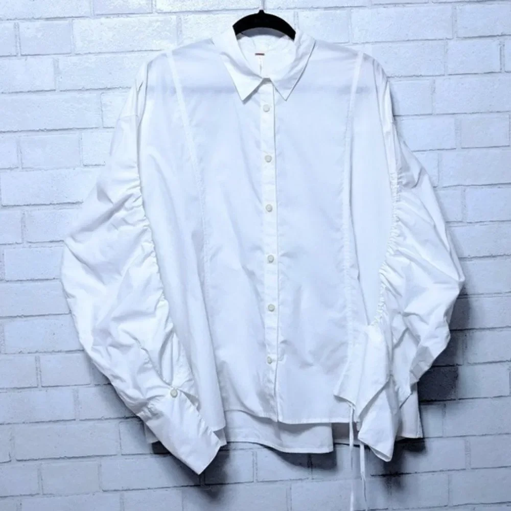 NWT FREE PEOPLE Puff Ruched Sleeve Button Shirt M